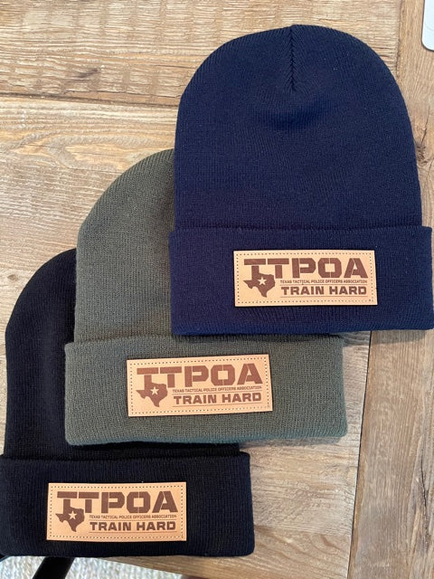 Knit Beanie with Leather Patch TTPOA Logo
